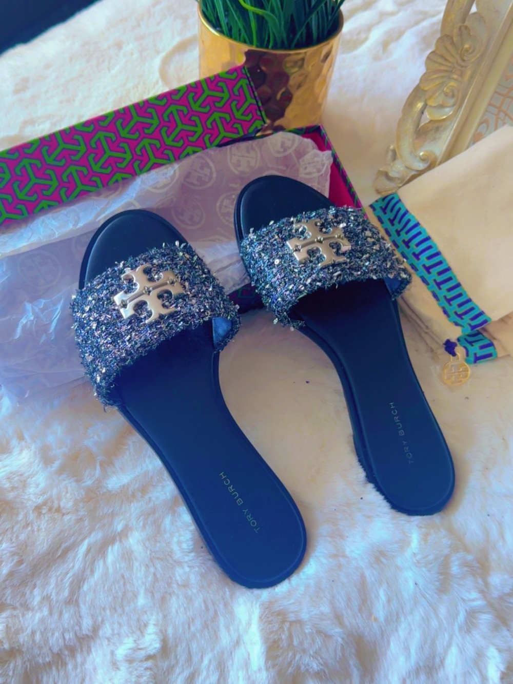Tory Burch Black Tweed Logo Slide Sandals with Silver Emblem - Picture 3 of 5